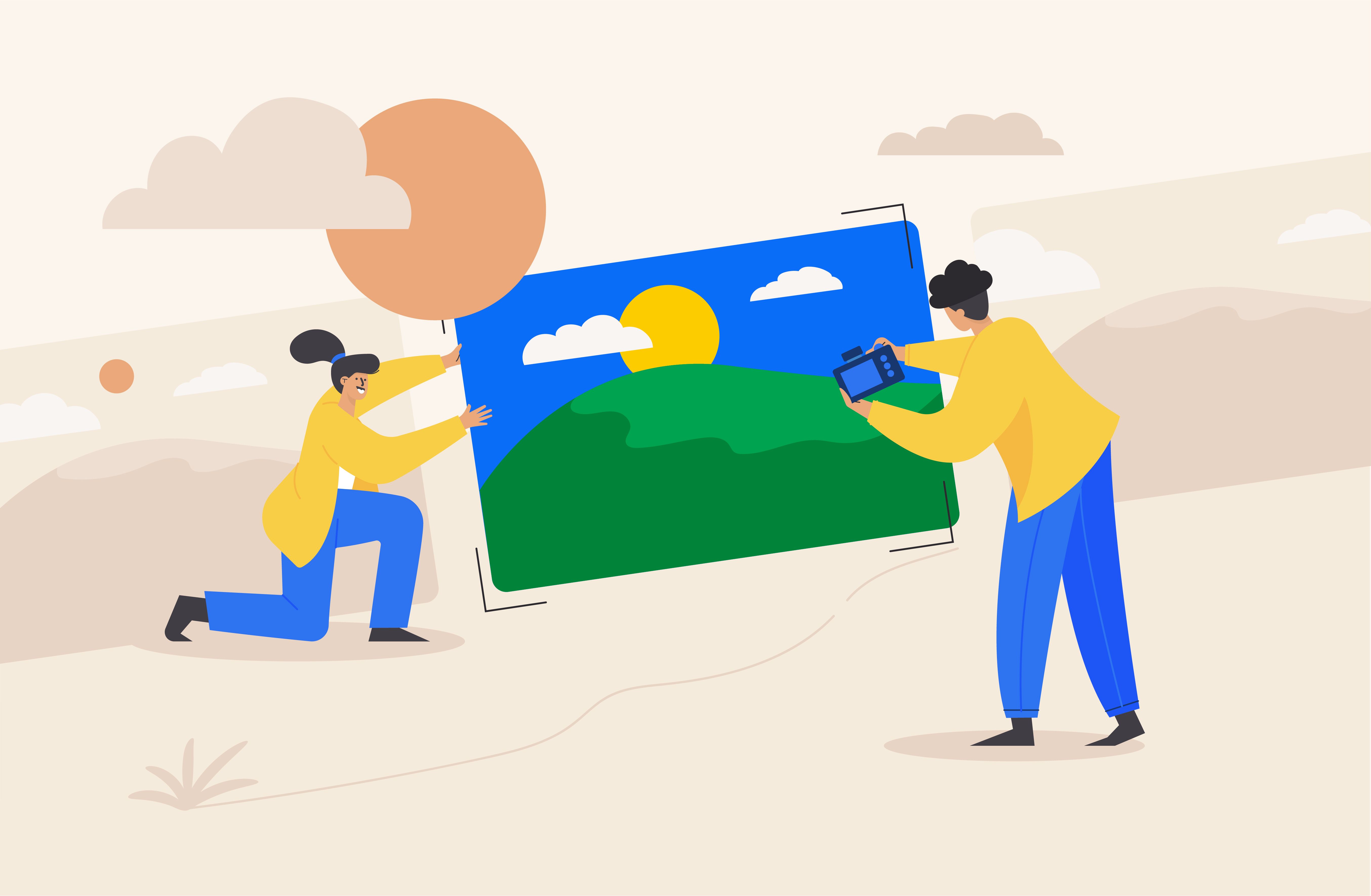 Creative Process in Designing with Transparent Backgrounds - Illustration of Two People Editing a Landscape Image