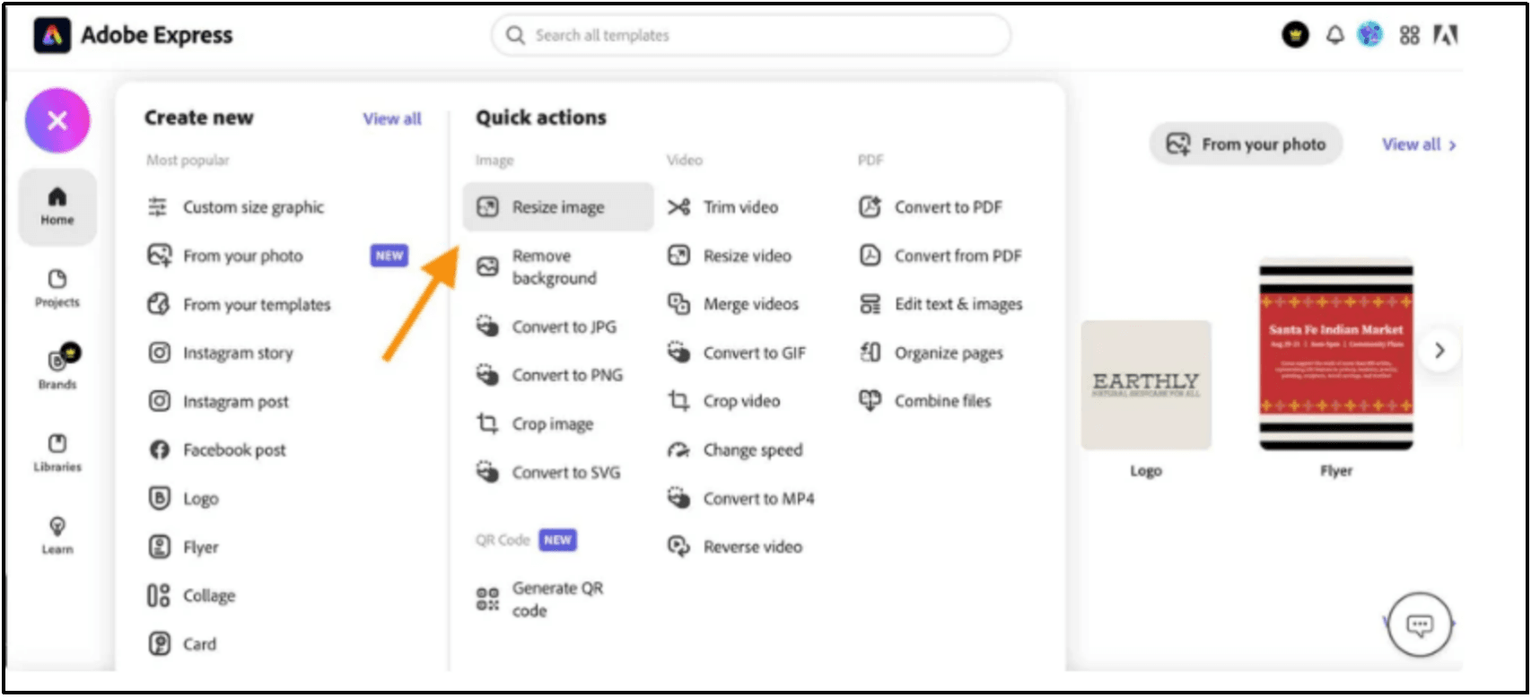 Find Resize Image in Adobe Express and click 