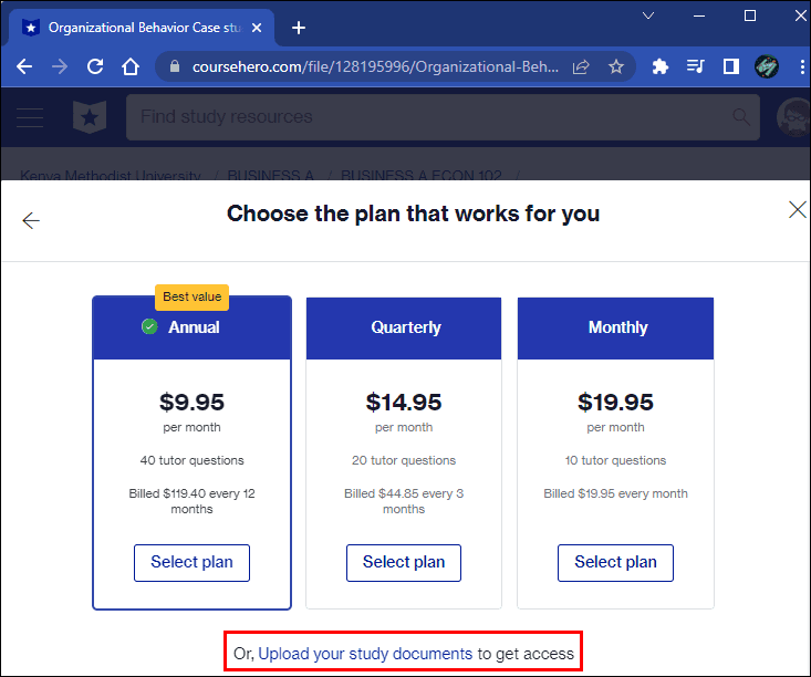 Course Hero Subscription Plans Displayed with an Additional Option to Upload Study Documents for Access