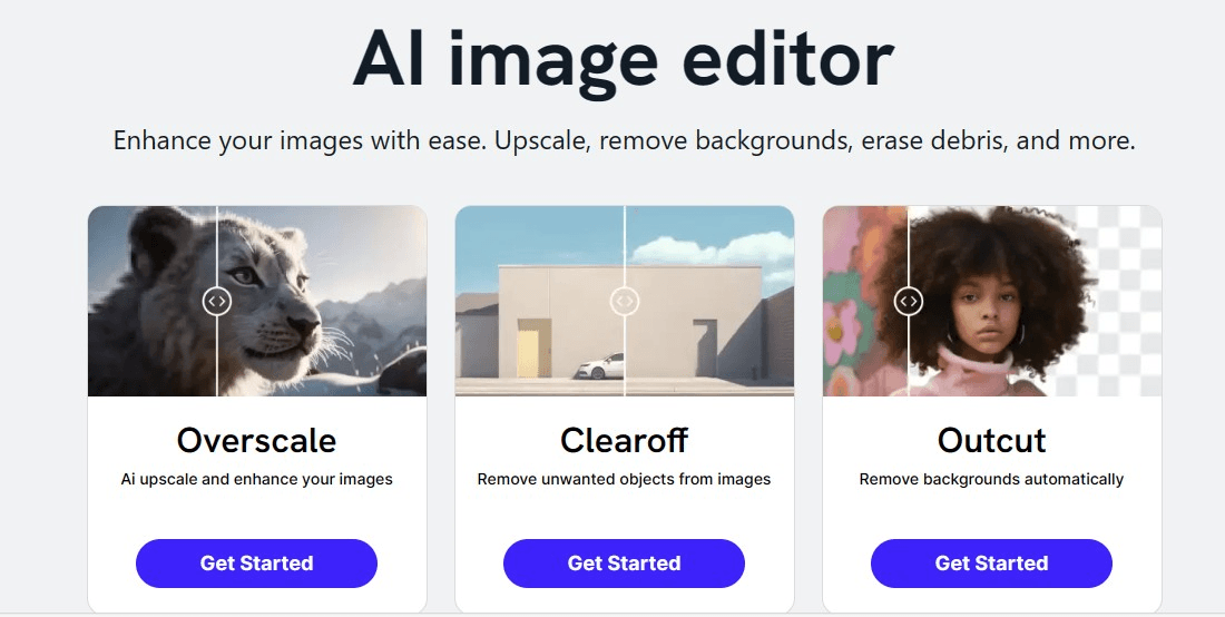 AI image editor interface showcasing features like Overscale to upscale and enhance images, Clearoff to remove unwanted objects, and Outcut to automatically remove backgrounds