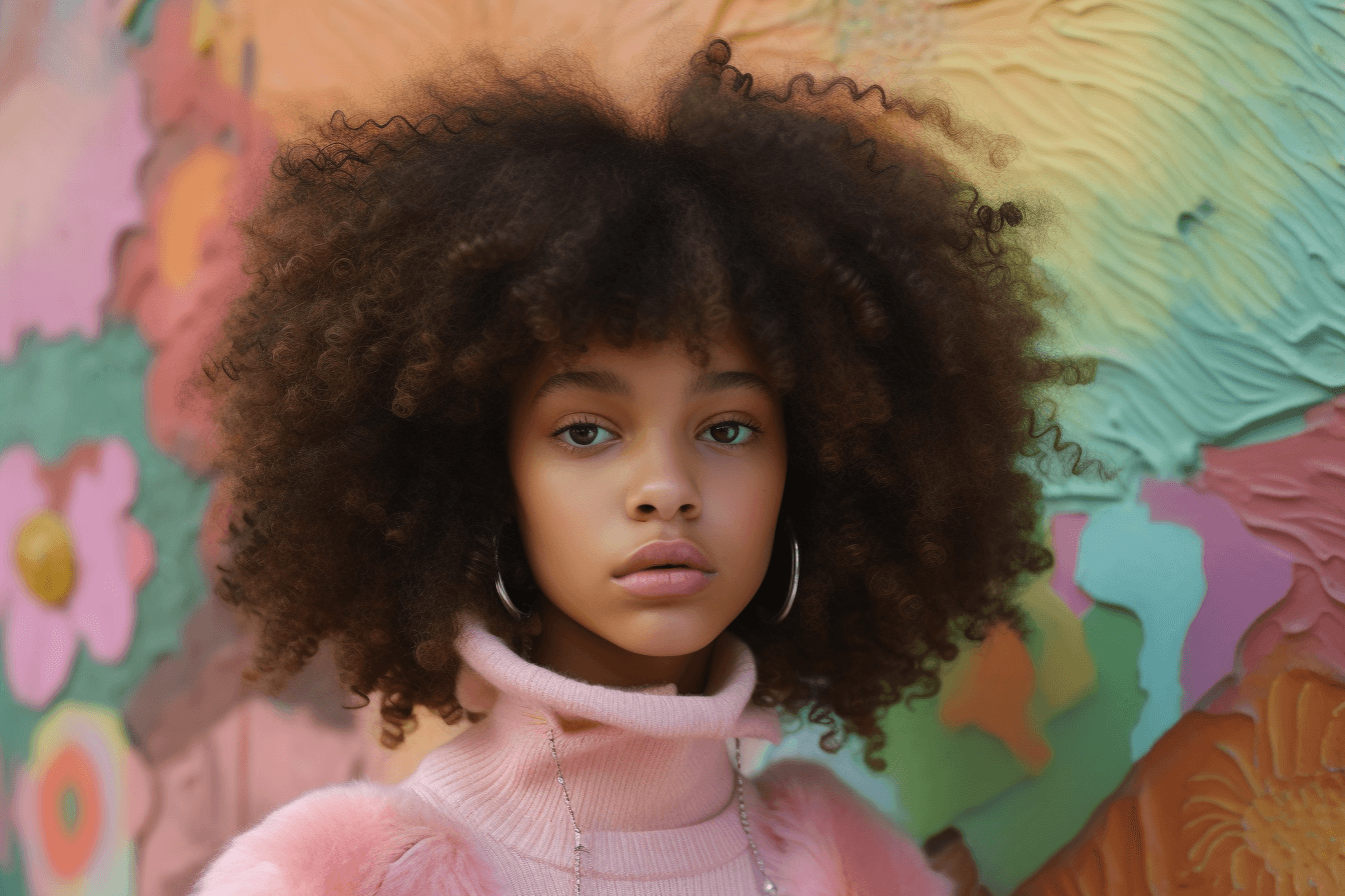 74_photograph_a_black_girl_in_front_of_pastel_wall_curly_hair.png