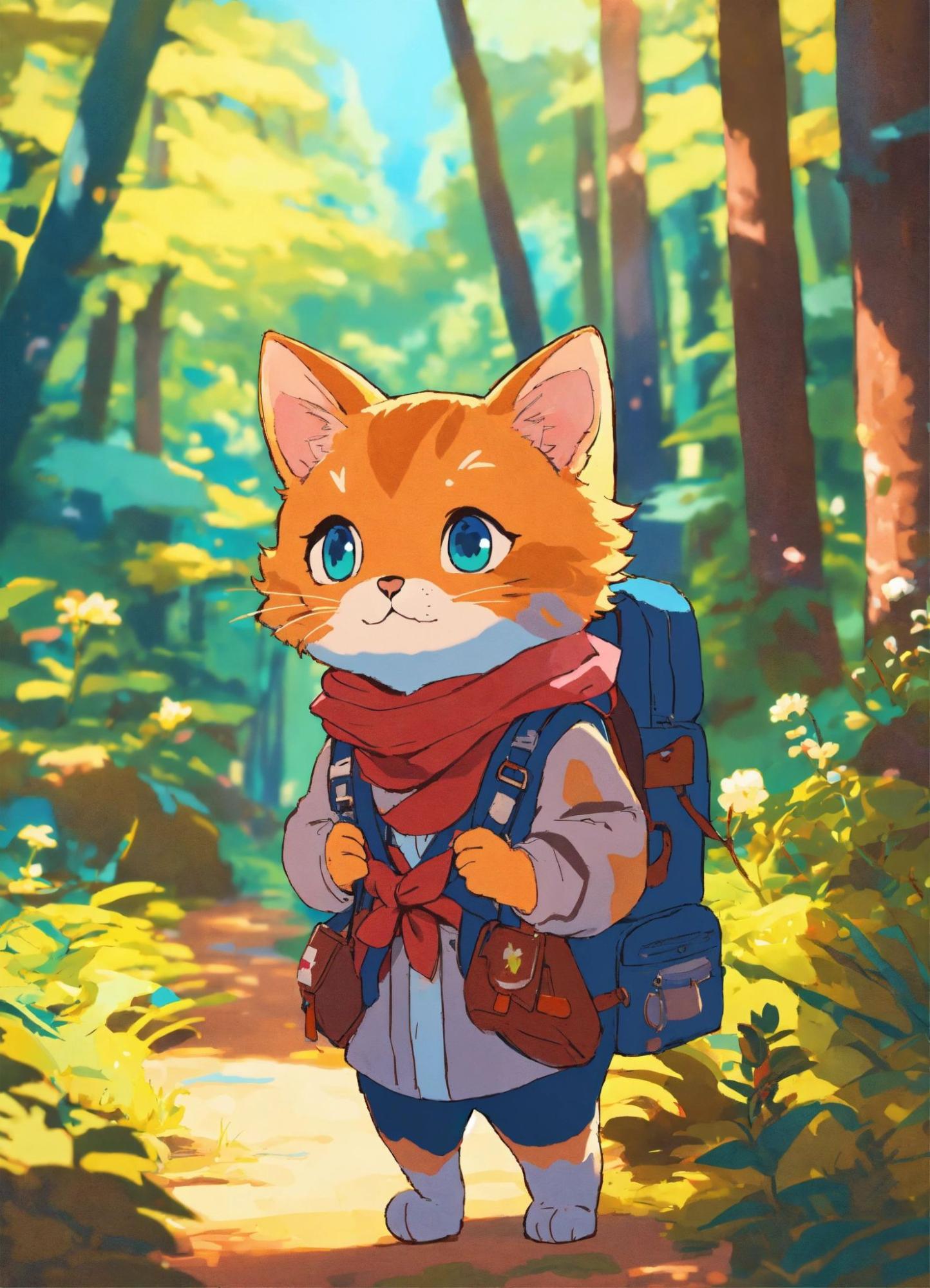 Little cat traveling in the forest