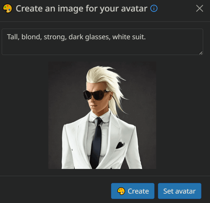 example 2 of the character you can expect for the words “tall, blond, strong, dark glasses and white suit”
