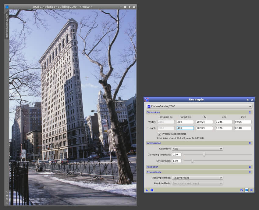 Flatiron Building photo enhanced to 4K using image interpolation software
