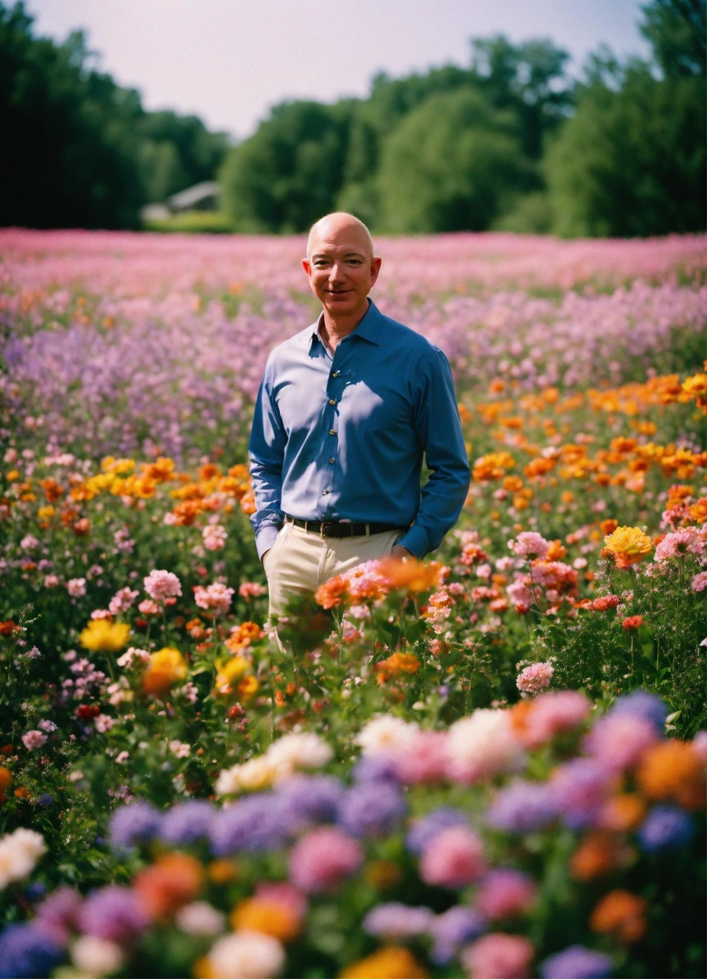 Bezos in a field of flowers