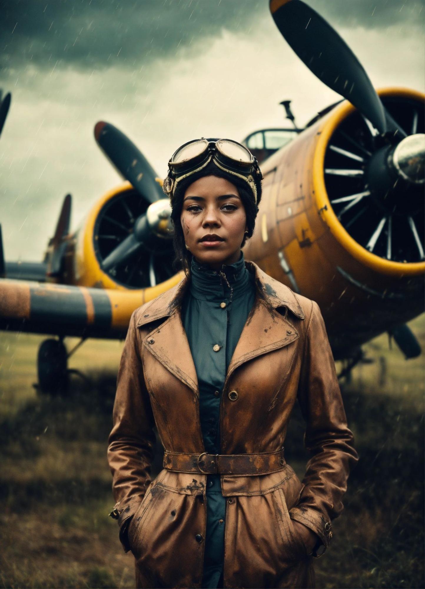 Young lady standing in front of an old plane