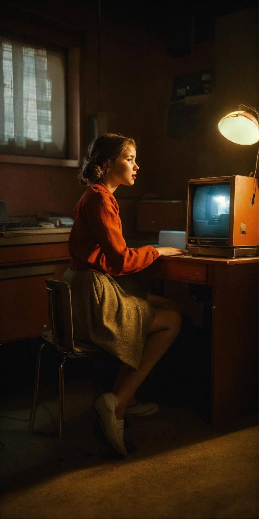 Soviet girl in front of a computer