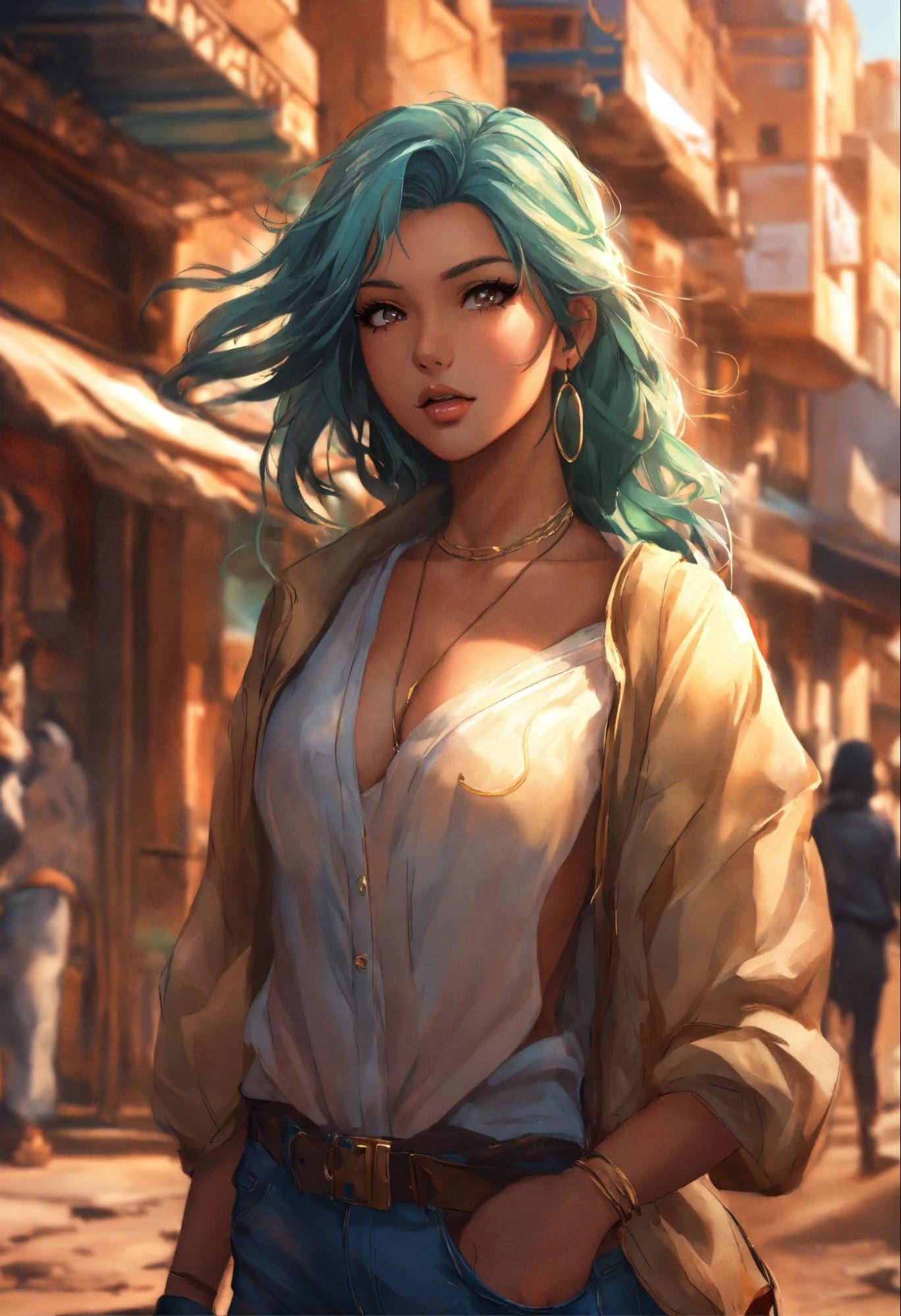 Anime girl in the streets of a city