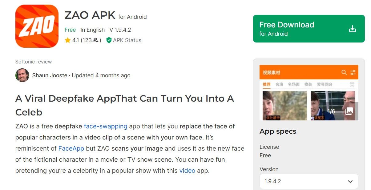 Zao - Face Swapping Deepfake App for Customized Videos