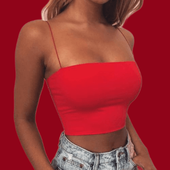 A picture of a woman in red with the red background