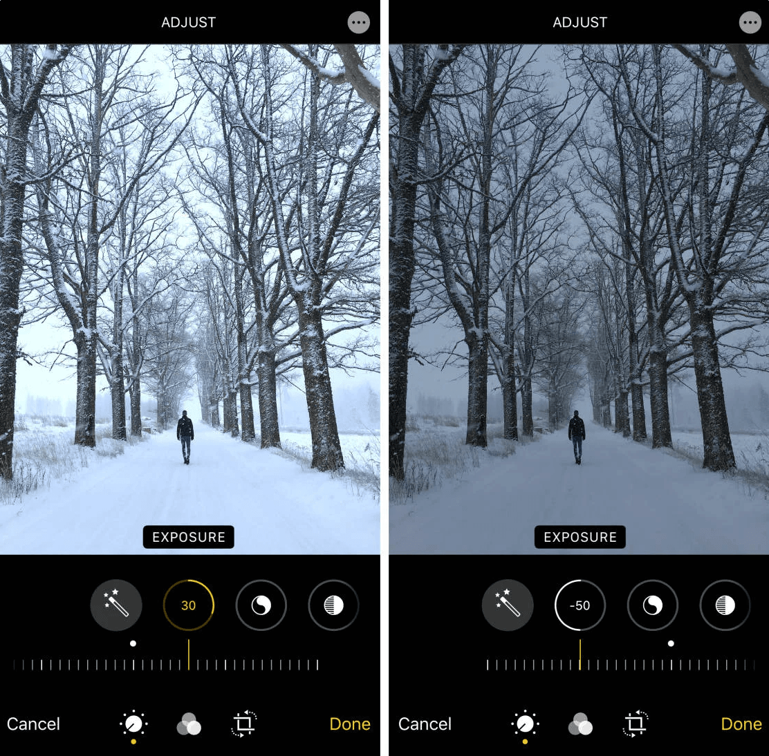 Select the meter-shaped icon at the bottom to Adjust the light and color of your photo