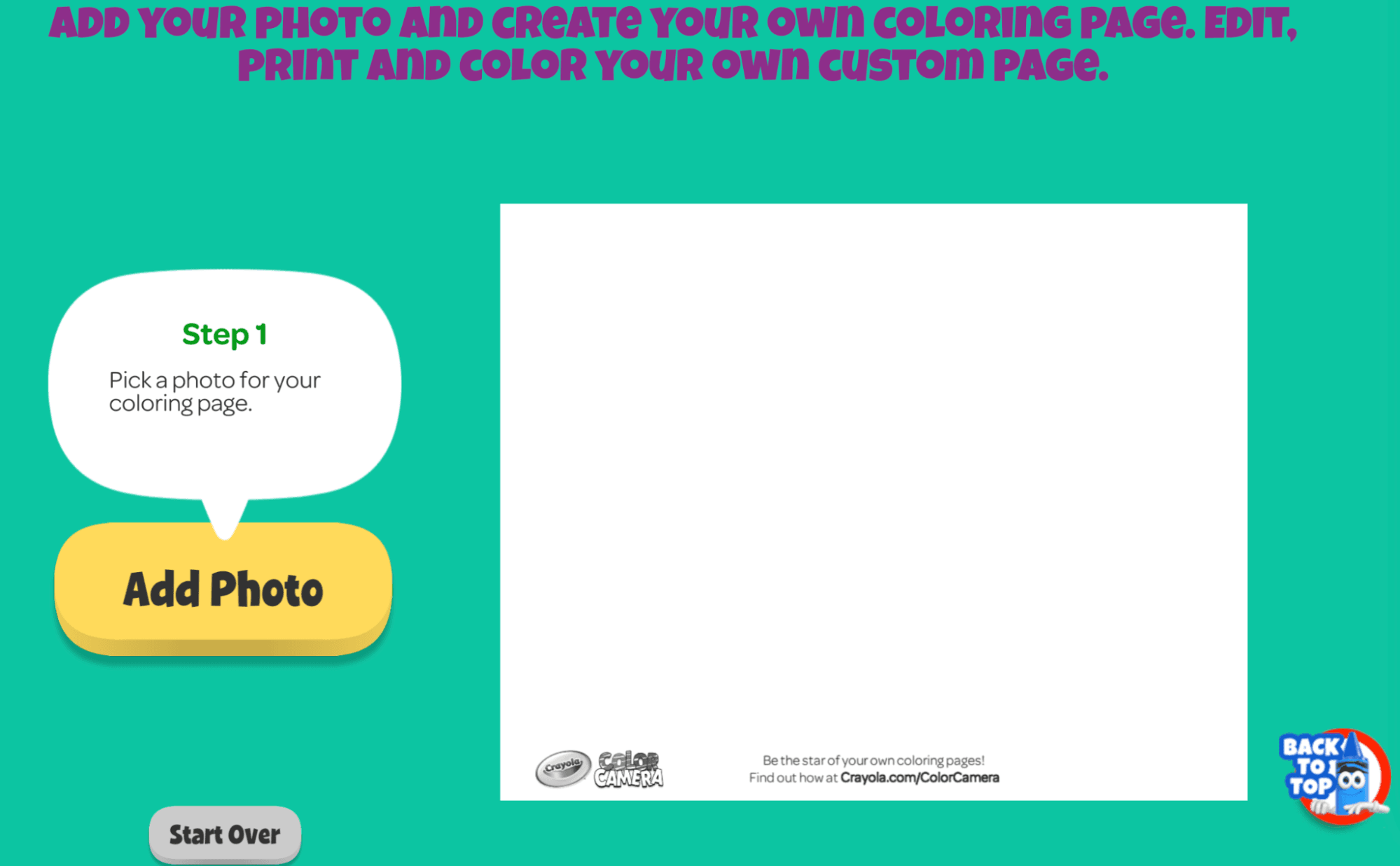 The page that shows how to turn a photo into a coloring page in Crayola Color Camera