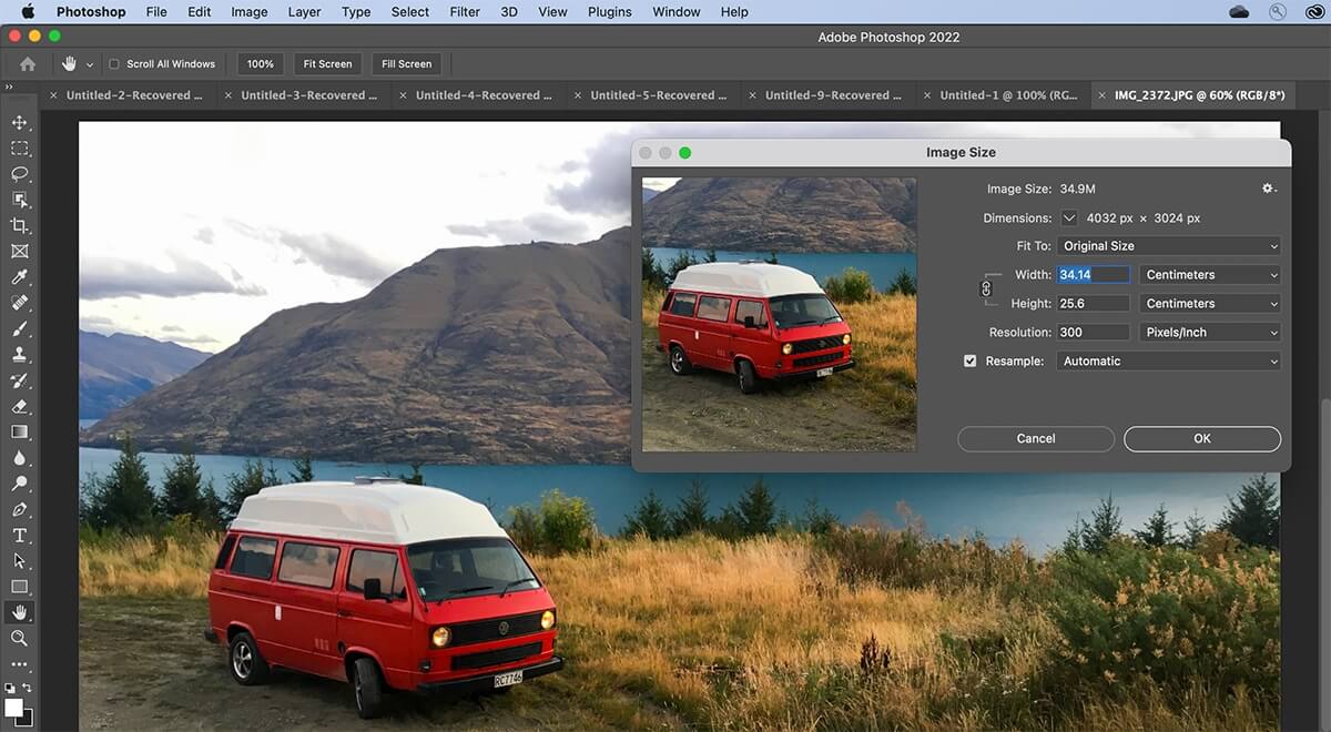 Screenshot of Adobe Photoshop interface with a JPG image opened for conversion to 4K resolution, demonstrating the image resizing process as part of a step-by-step tutorial on enhancing image clarity and size