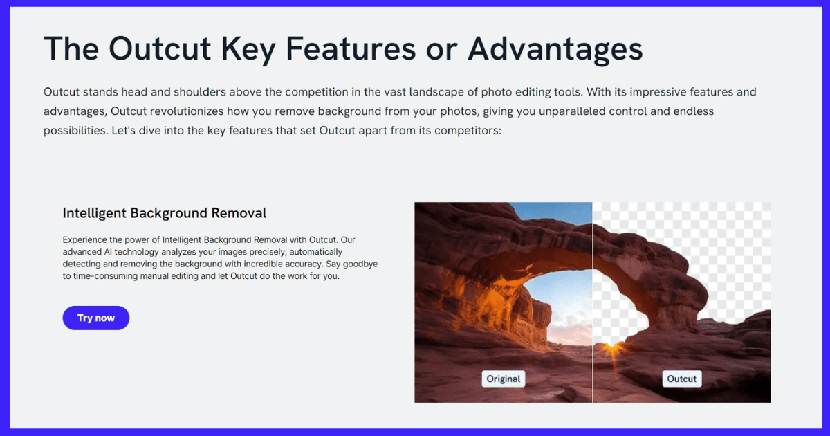 The key features or advantages of Outcut in ImageWith.AI
