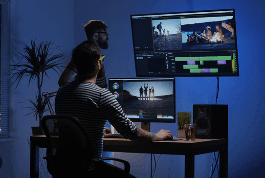 Professional photo editor working in a dimly lit studio, using advanced editing software on dual monitors to upscale images to 4K quality, illustrating the meticulous process of professional image enhancement.