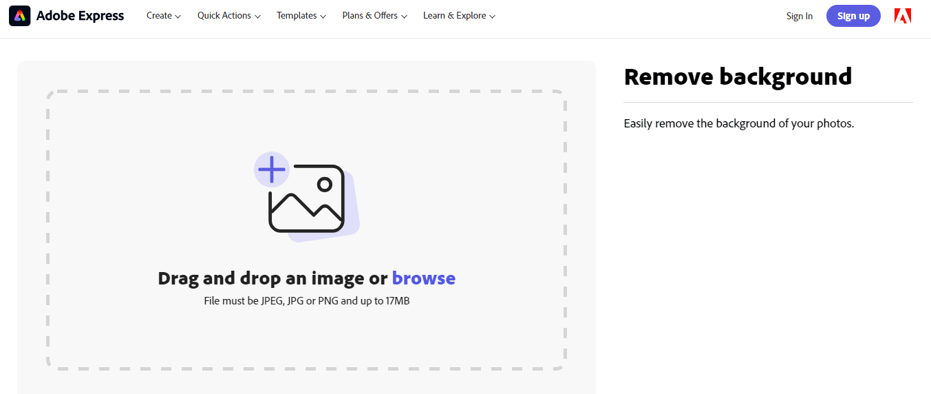 Adobe Spark Upload Interface - Drag and Drop or Browse to Remove Image Backgrounds