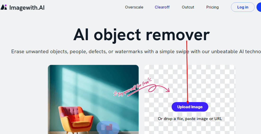 Step 1 of using the Clearoff feature on Imagewith.ai, showing the ‘Get Started’ button under the Clearoff icon