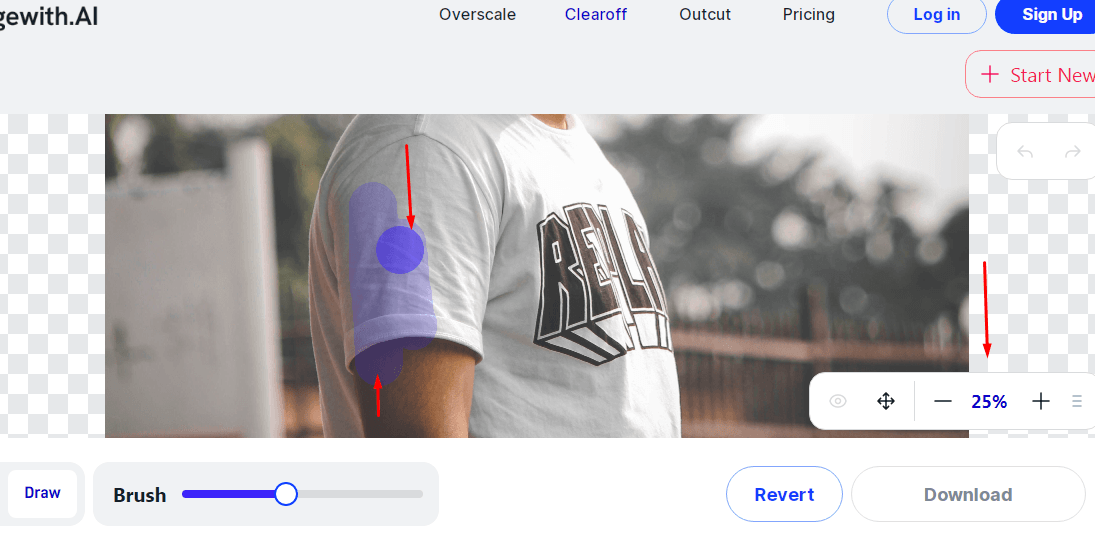 Step 3 of using Imagewith.ai, showing the ‘Tap’ option and the selection of the shirt area for removal