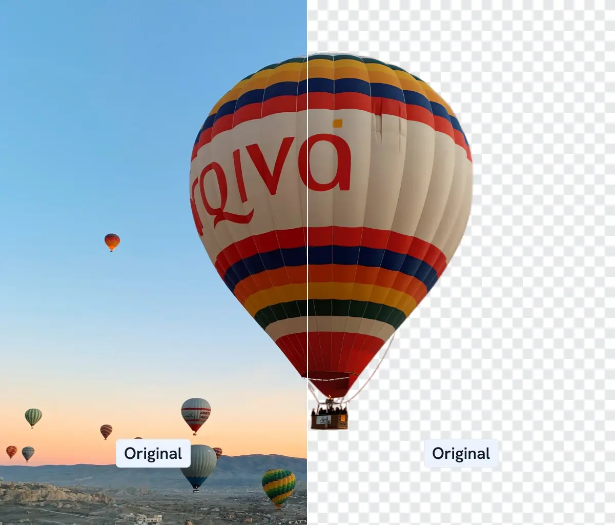 A travel photograph featuring a hot air balloon that has been edited and had its background removed.